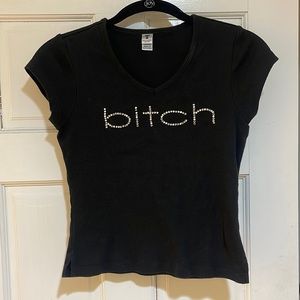 Rhinestone Y2K B*tch Cotton V neck Double Stitch, Paris Hilton Aesthetic 2000’s